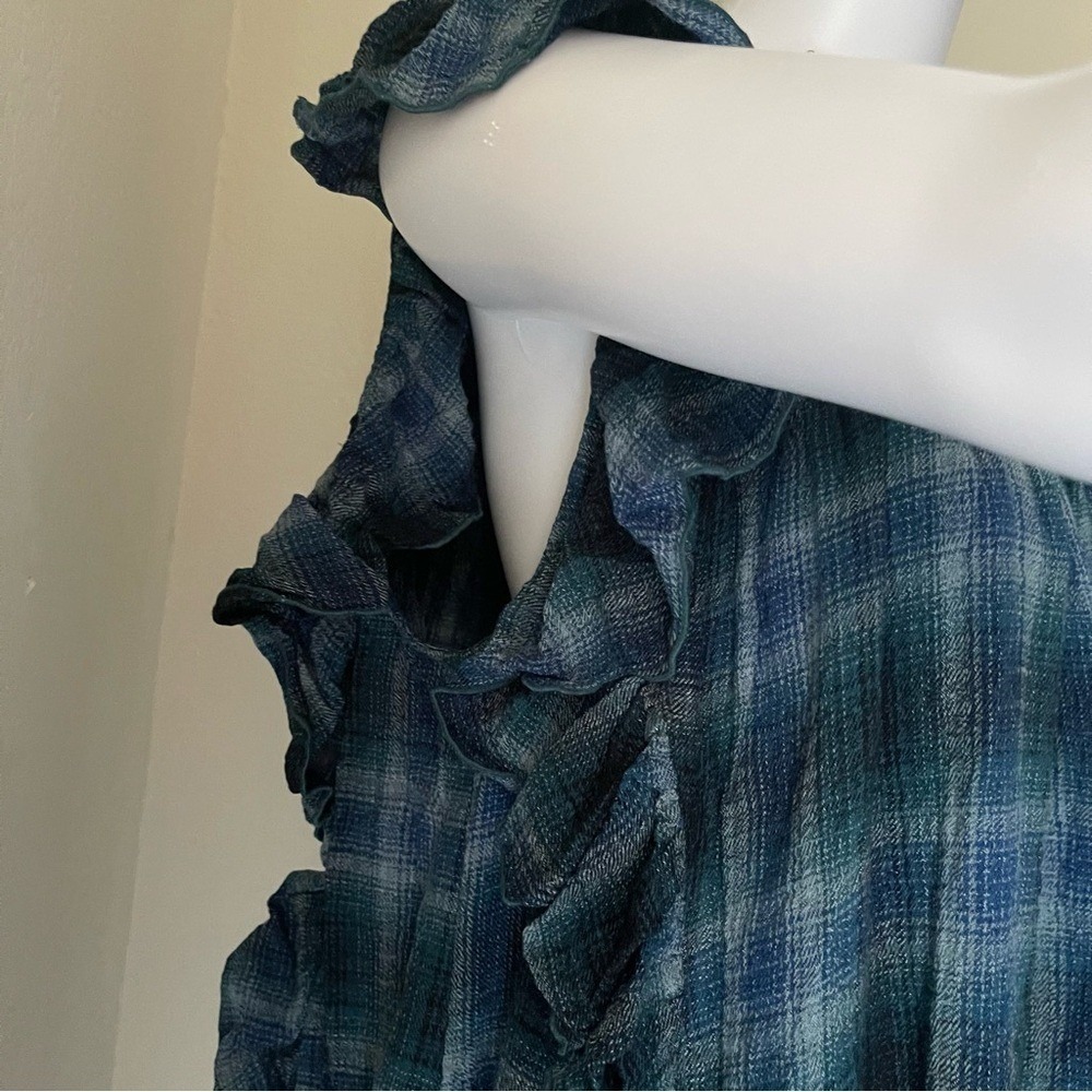 ⭐ Free People Blue Plaid Ruffle Trimmed Short Sleeve Smocked Neckline Blouse XS - Picture 4 of 13